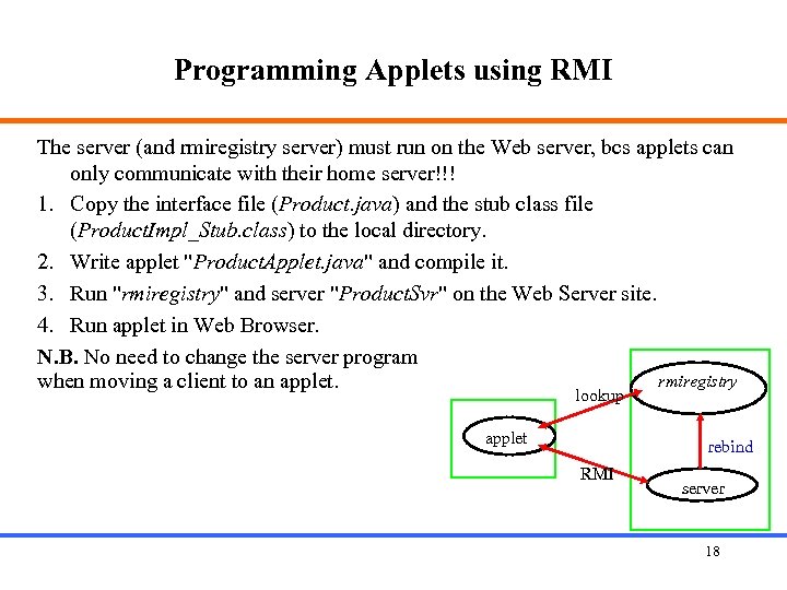 Programming Applets using RMI The server (and rmiregistry server) must run on the Web