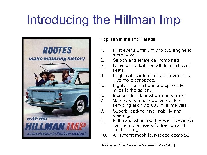 Introducing the Hillman Imp Top Ten in the Imp Parade 1. 2. 3. 4.