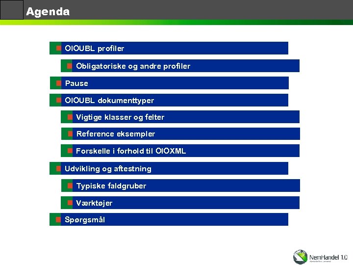 Agenda OIOUBL profiler Obligatoriske og andre profiler Pause OIOUBL dokumenttyper Vigtige klasser og felter