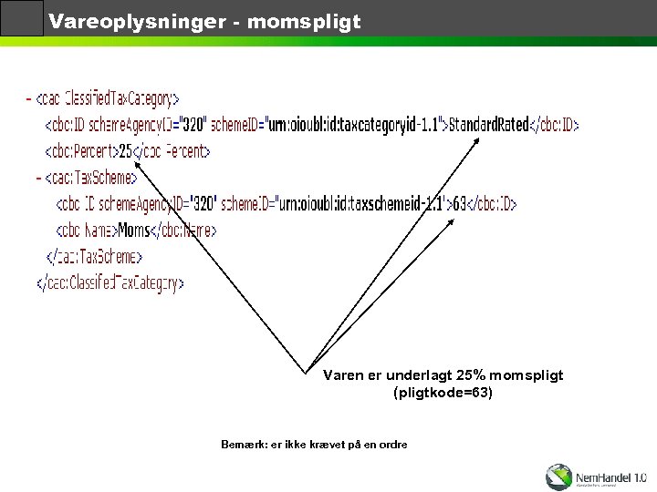 Vareoplysninger - momspligt Varen er underlagt 25% momspligt (pligtkode=63) Bemærk: er ikke krævet på