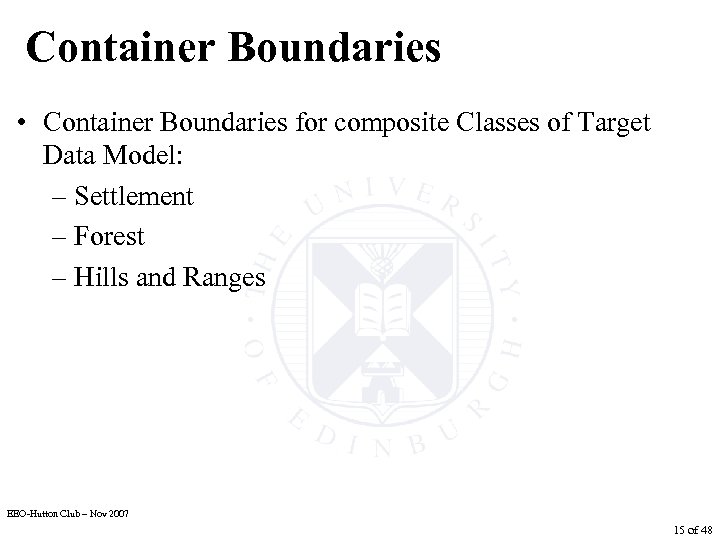 Container Boundaries • Container Boundaries for composite Classes of Target Data Model: – Settlement