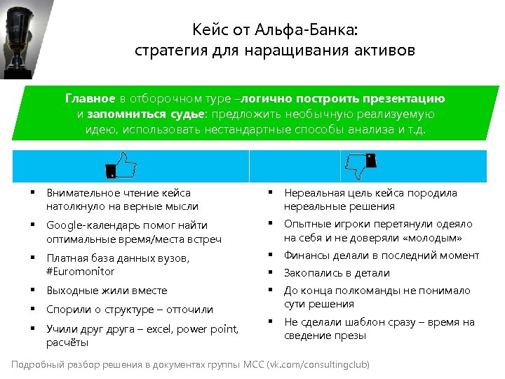 Кейс от Альфа-Банка: стратегия для наращивания активов Главное в отборочном туре –логично построить презентацию