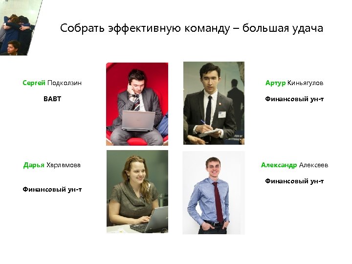 Собрать эффективную команду – большая удача Сергей Подколзин Артур Киньягулов ВАВТ Финансовый ун-т Дарья