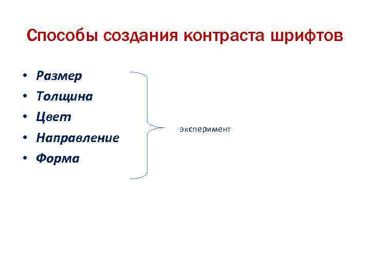 Способы создания контраста шрифтов • • • Размер Толщина Цвет Направление Форма эксперимент 