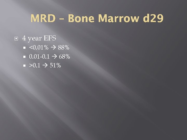 MRD – Bone Marrow d 29 4 year EFS <0. 01% 88% 0. 01