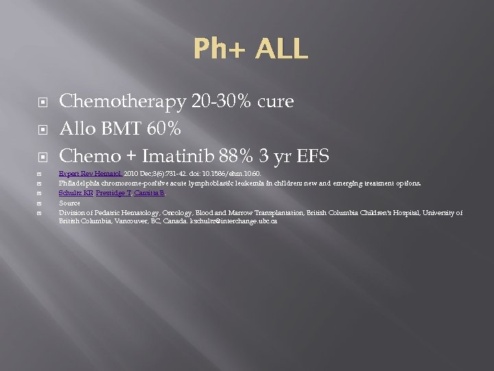 Ph+ ALL Chemotherapy 20 -30% cure Allo BMT 60% Chemo + Imatinib 88% 3