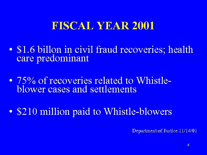 FISCAL YEAR 2001 • $1. 6 billon in civil fraud recoveries; health care predominant