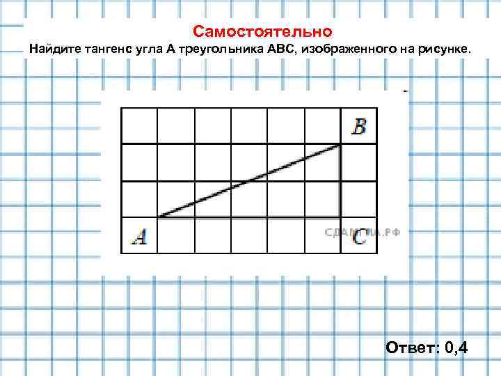 Самостоятельно Найдите тангенс угла А треугольника АВС, изображенного на рисунке. Ответ: 0, 4 