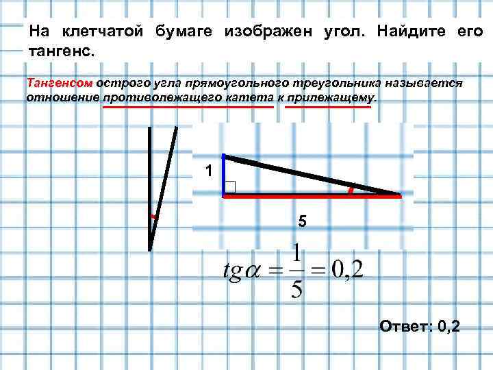 На клетчатой бумаге изображен угол. Найдите его тангенс. Тангенсом острого угла прямоугольного треугольника называется