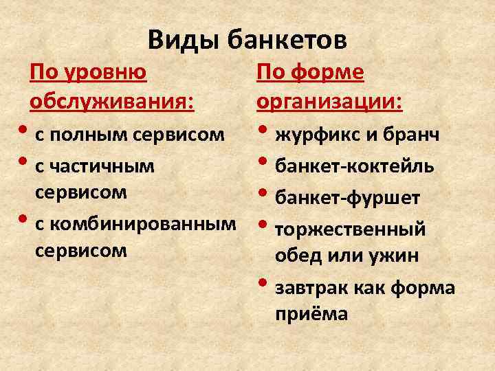 Виды банкетов По уровню обслуживания: По форме организации: • с полным сервисом • журфикс
