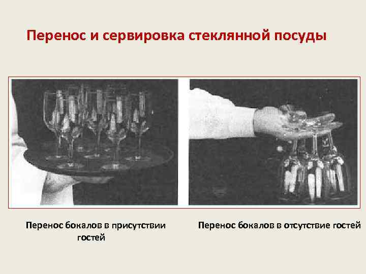 Перенос и сервировка стеклянной посуды Перенос бокалов в присутствии гостей Перенос бокалов в отсутствие