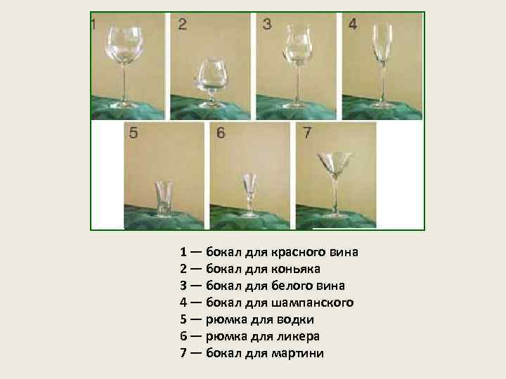1 — бокал для красного вина 2 — бокал для коньяка 3 — бокал
