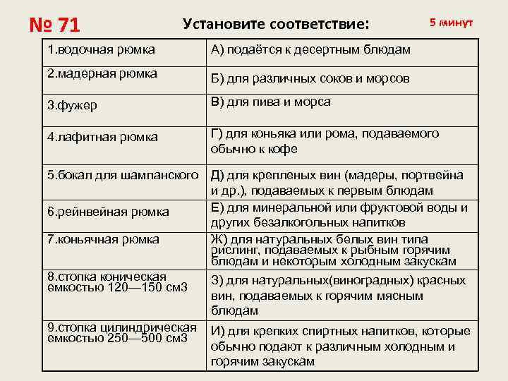№ 71 Установите соответствие: 5 минут 1. водочная рюмка А) подаётся к десертным блюдам