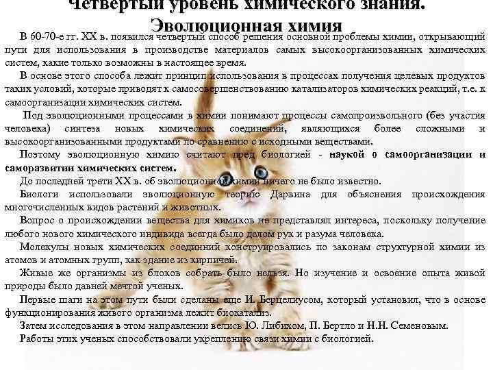 Четвертый уровень химического знания. Эволюционная химия В 60 -70 -е гг. XX в. появился