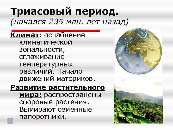 Триасовый период. (начался 235 млн. лет назад) Климат: ослабление климатической зональности, сглаживание температурных различий.