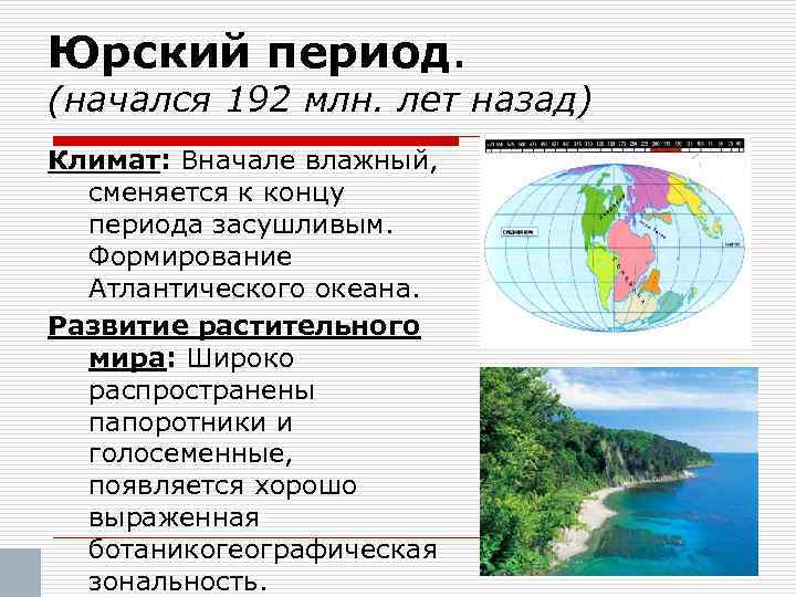 Юрский период. (начался 192 млн. лет назад) Климат: Вначале влажный, сменяется к концу периода