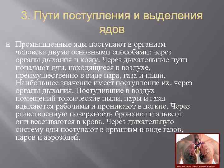 3. Пути поступления и выделения ядов Промышленные яды поступают в организм человека двумя основными