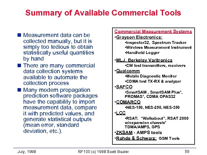 Summary of Available Commercial Tools n Measurement data can be collected manually, but it
