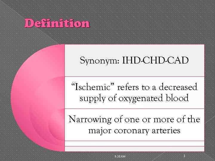 Definition Synonym: IHD-CAD “Ischemic” refers to a decreased supply of oxygenated blood Narrowing of