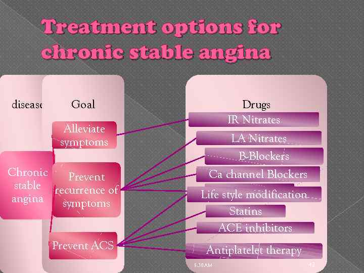 Treatment options for chronic stable angina disease Goal Alleviate symptoms Chronic Prevent stable recurrence