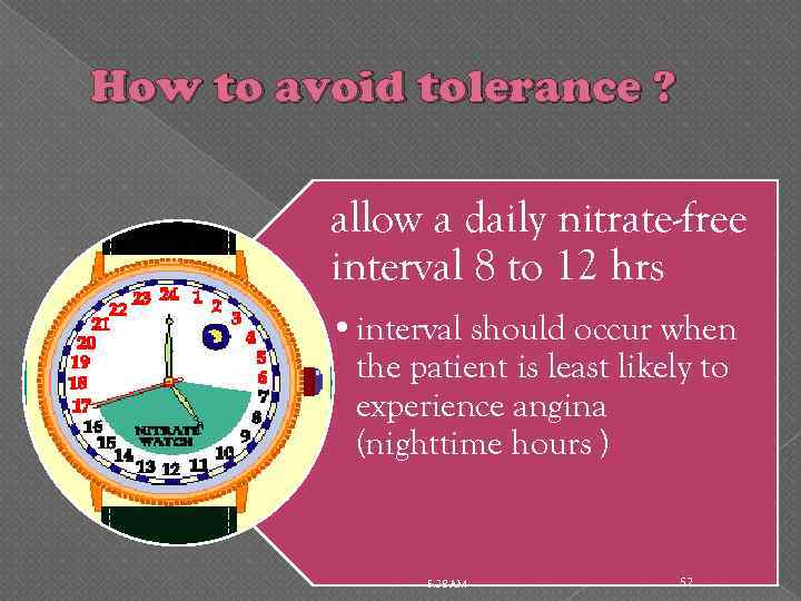 How to avoid tolerance ? allow a daily nitrate-free interval 8 to 12 hrs