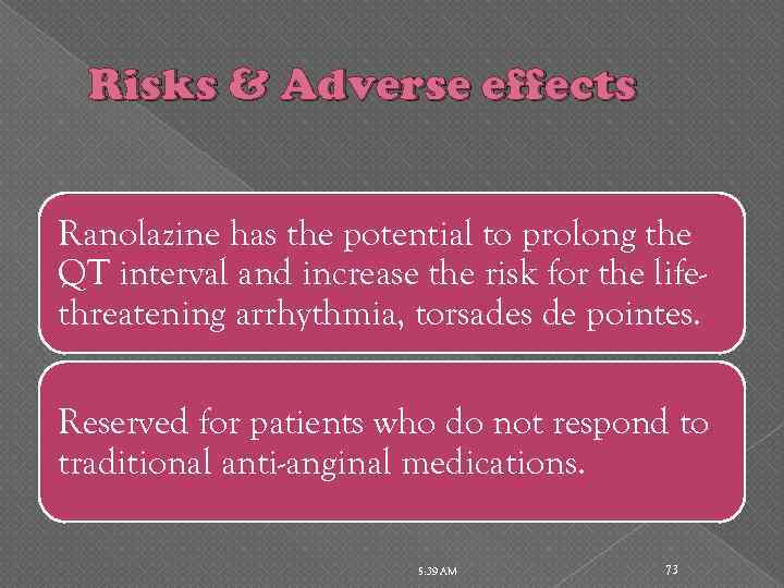 Risks & Adverse effects Ranolazine has the potential to prolong the QT interval and