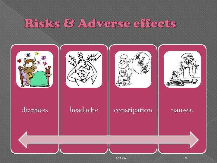 Risks & Adverse effects dizziness headache constipation 5: 39 AM nausea. 74 