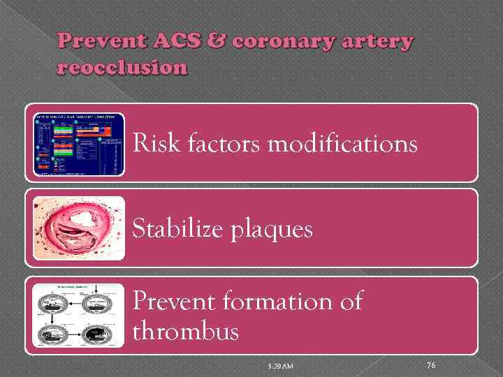 Prevent ACS & coronary artery reocclusion Risk factors modifications Stabilize plaques Prevent formation of