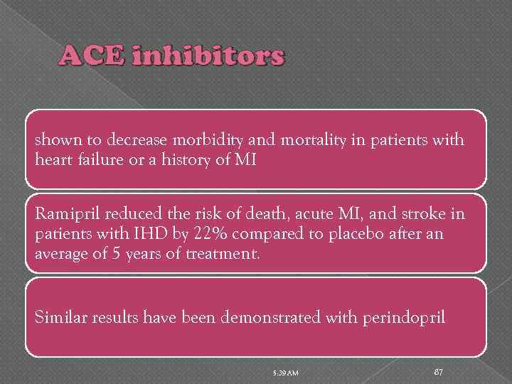 ACE inhibitors shown to decrease morbidity and mortality in patients with heart failure or