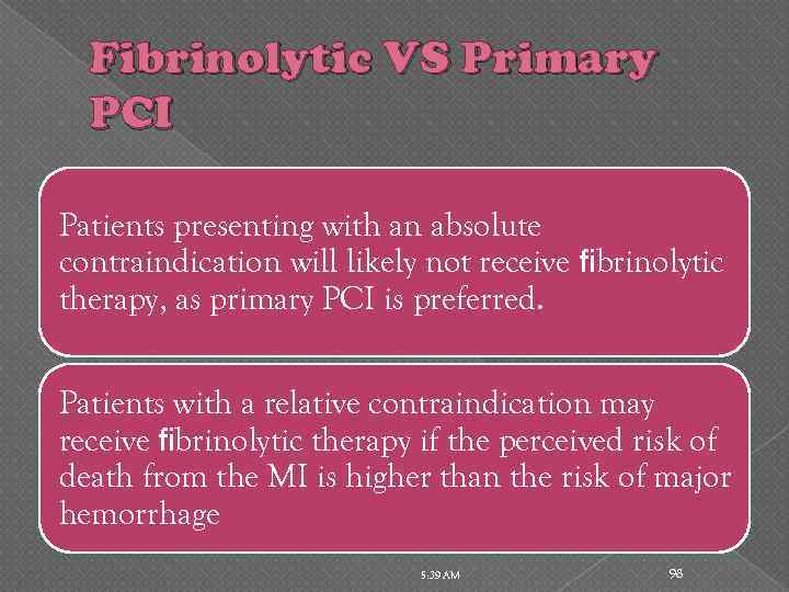 Fibrinolytic VS Primary PCI Patients presenting with an absolute contraindication will likely not receive
