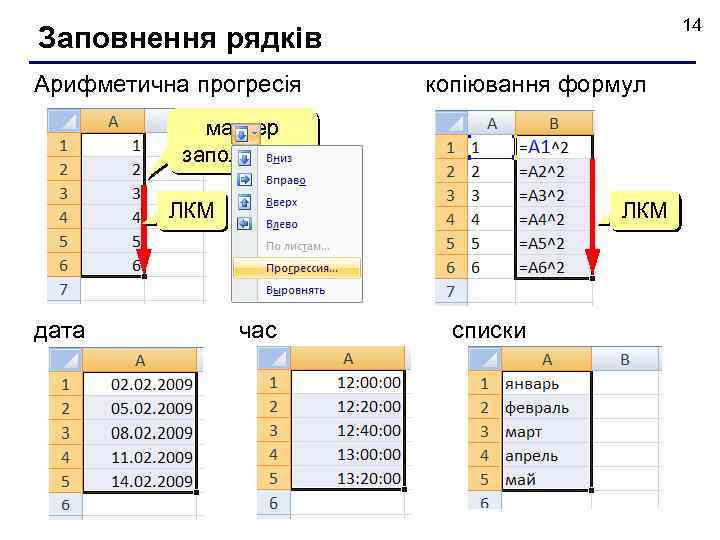 14 Заповнення рядків Арифметична прогресія копіювання формул маркер заполнения ЛКМ дата ЛКМ час списки