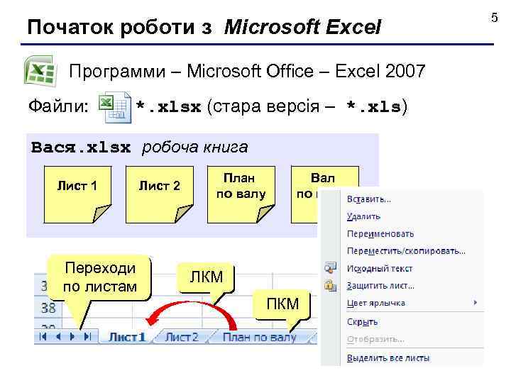 5 Початок роботи з Microsoft Excel Программи – Microsoft Office – Excel 2007 Файли: