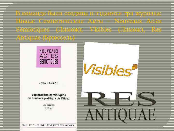  В команде были созданы и издаются три журнала: Новые Семиотические Акты – Nouveaux