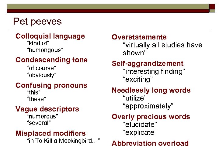 Pet peeves Colloquial language “kind of” “humongous” Condescending tone “of course” “obviously” Confusing pronouns