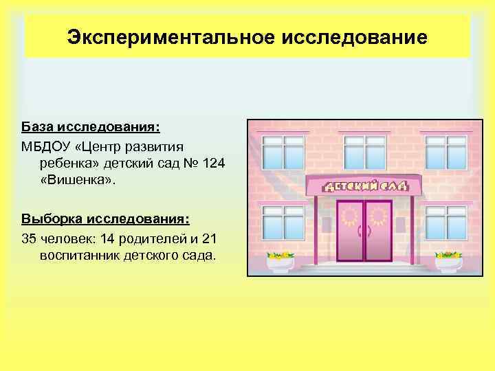 Экспериментальное исследование База исследования: МБДОУ «Центр развития ребенка» детский сад № 124 «Вишенка» .