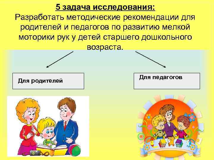 5 задача исследования: Разработать методические рекомендации для родителей и педагогов по развитию мелкой моторики