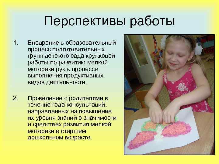 Перспективы работы 1. Внедрение в образовательный процесс подготовительных групп детского сада кружковой работы по