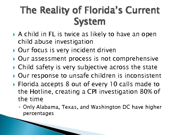 The Reality of Florida’s Current System A child in FL is twice as likely