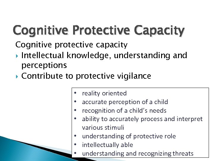 Cognitive Protective Capacity Cognitive protective capacity Intellectual knowledge, understanding and perceptions Contribute to protective