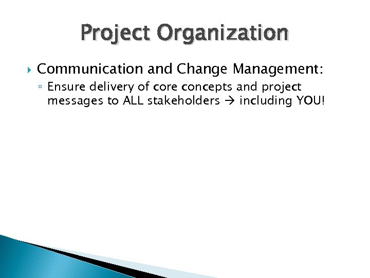 Project Organization Communication and Change Management: ◦ Ensure delivery of core concepts and project