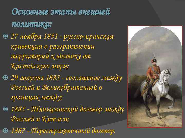 Основные этапы внешней политики: 27 ноября 1881 - русско-иранская конвенция о разграничении территорий к