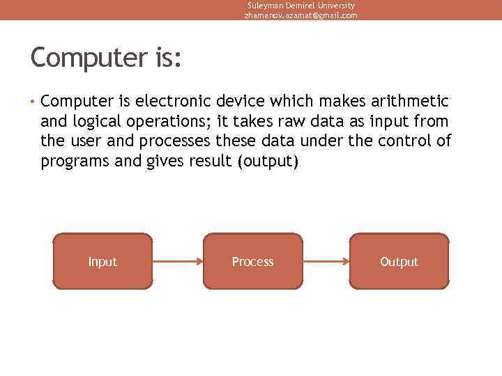 Suleyman Demirel University zhamanov. azamat@gmail. com Computer is: • Computer is electronic device which