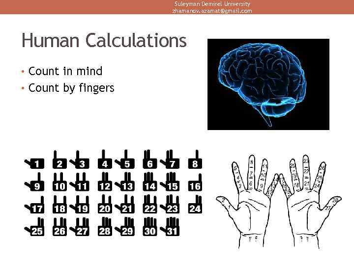 Suleyman Demirel University zhamanov. azamat@gmail. com Human Calculations • Count in mind • Count