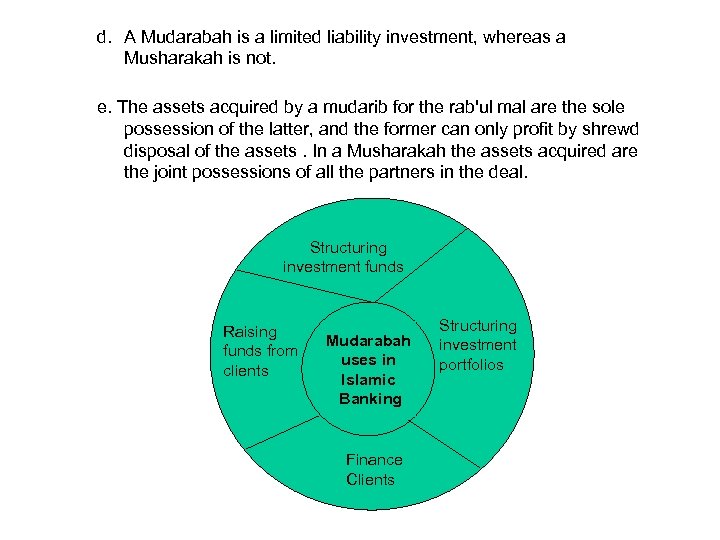 d. A Mudarabah is a limited liability investment, whereas a Musharakah is not. e.