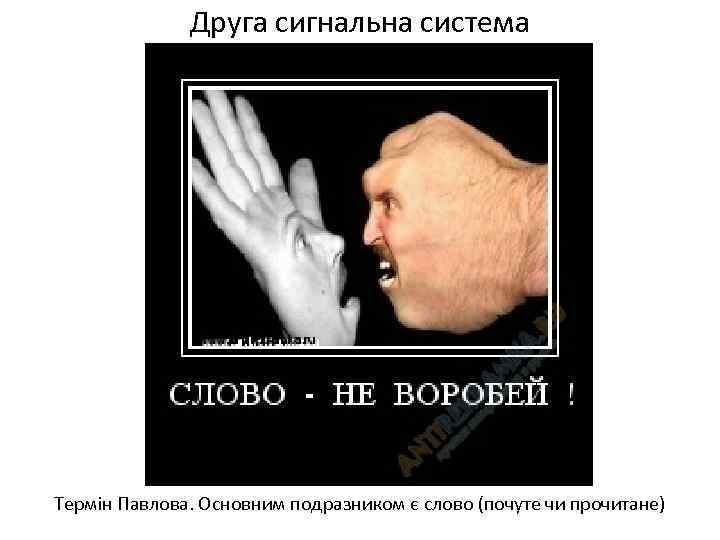Друга сигнальна система Термін Павлова. Основним подразником є слово (почуте чи прочитане) 