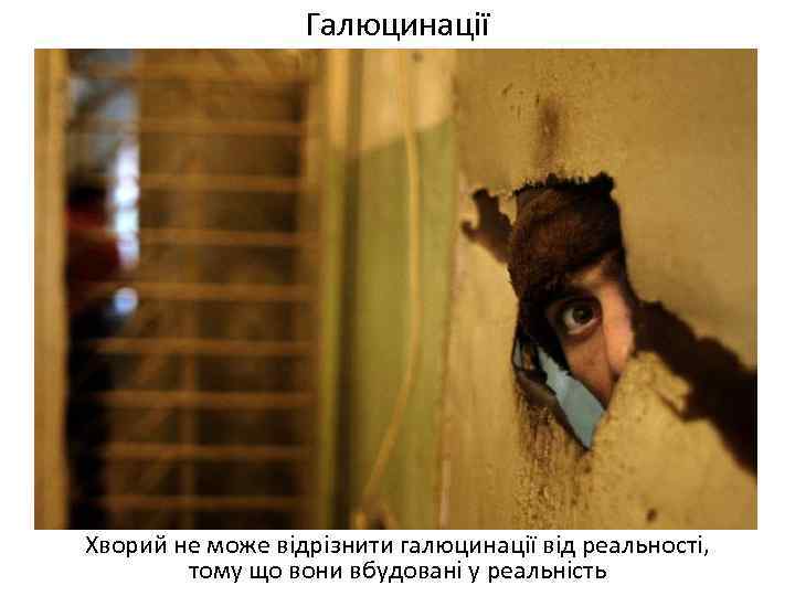 Галюцинації Хворий не може відрізнити галюцинації від реальності, тому що вони вбудовані у реальність