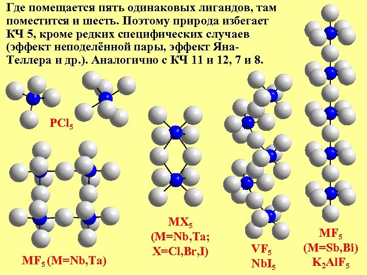 Где помещается пять одинаковых лигандов, там поместится и шесть. Поэтому природа избегает КЧ 5,