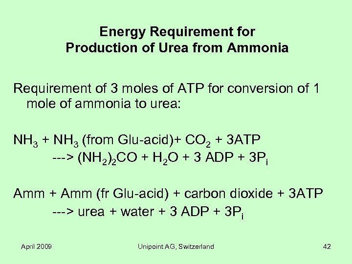Energy Requirement for Production of Urea from Ammonia Requirement of 3 moles of ATP