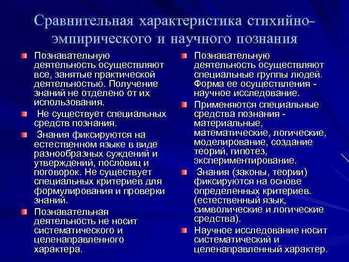 Сравнительная характеристика стихийноэмпирического и научного познания Познавательную деятельность осуществляют все, занятые практической деятельностью. Получение