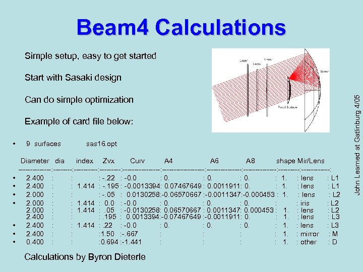 Beam 4 Calculations Simple setup, easy to get started Can do simple optimization Example